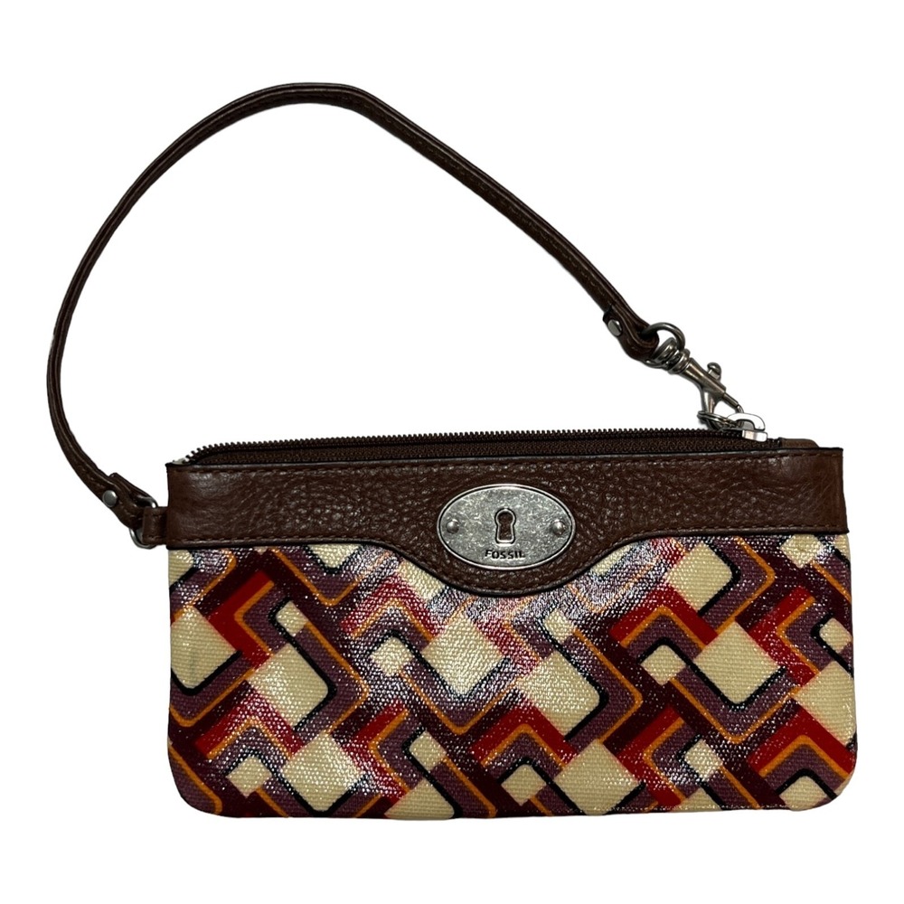 Fossil Wristlet Wallet Key Per Brown Coated Canvas Geometrical Retro Print 70s‎